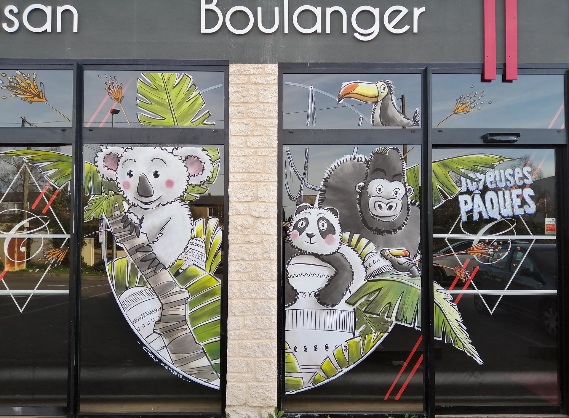 Peinture sur vitrine de Pâques avec animaux de la jungle – Jean‑Charles Varlet