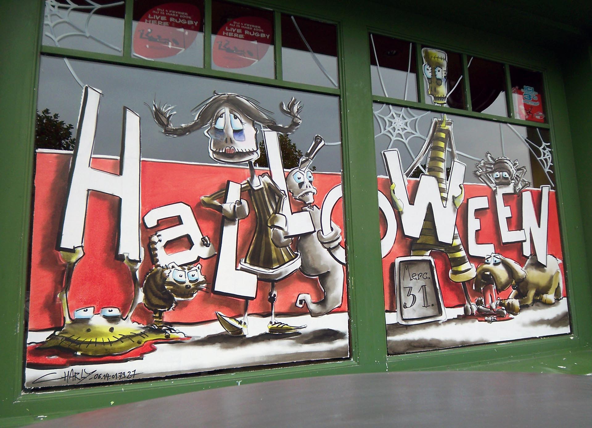 Peinture Halloween sur vitrine du pub O’Donnell’s – Jean‑Charles Varlet