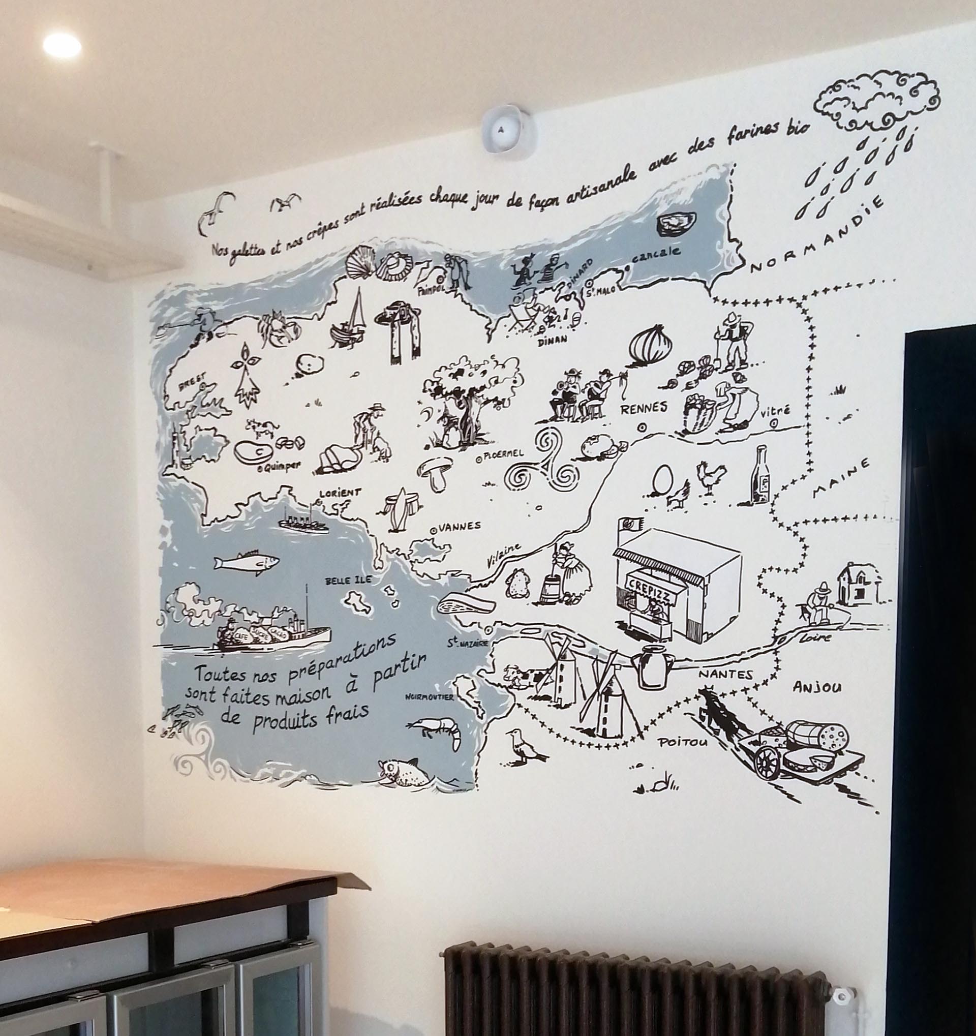 Fresque murale de la Bretagne au restaurant Crepizz Nantes