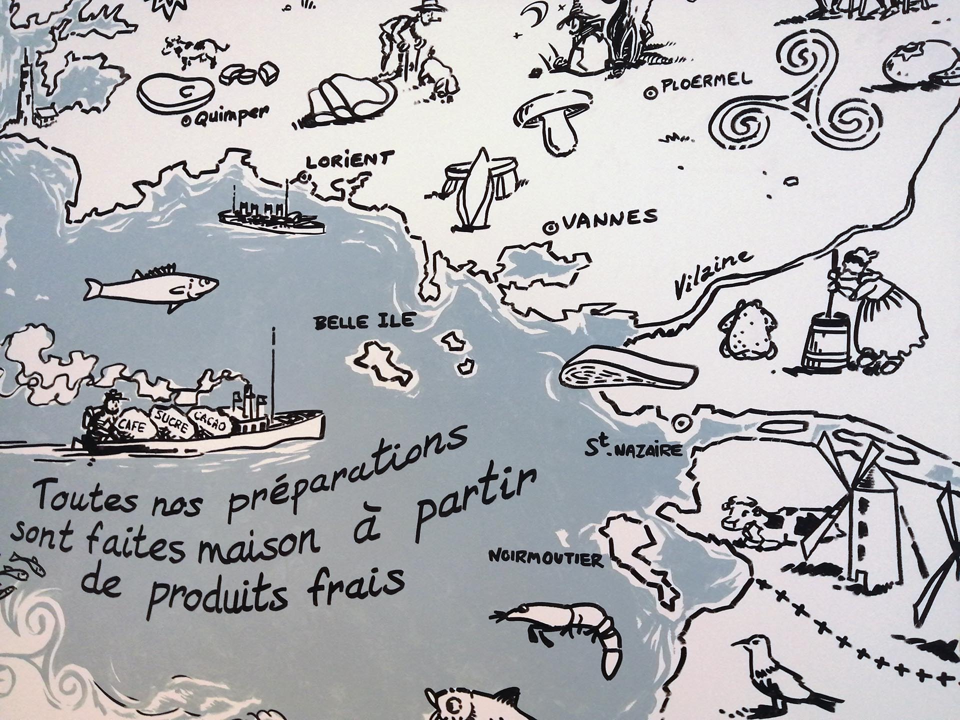 Fresque murale de la Bretagne au restaurant Crepizz Nantes