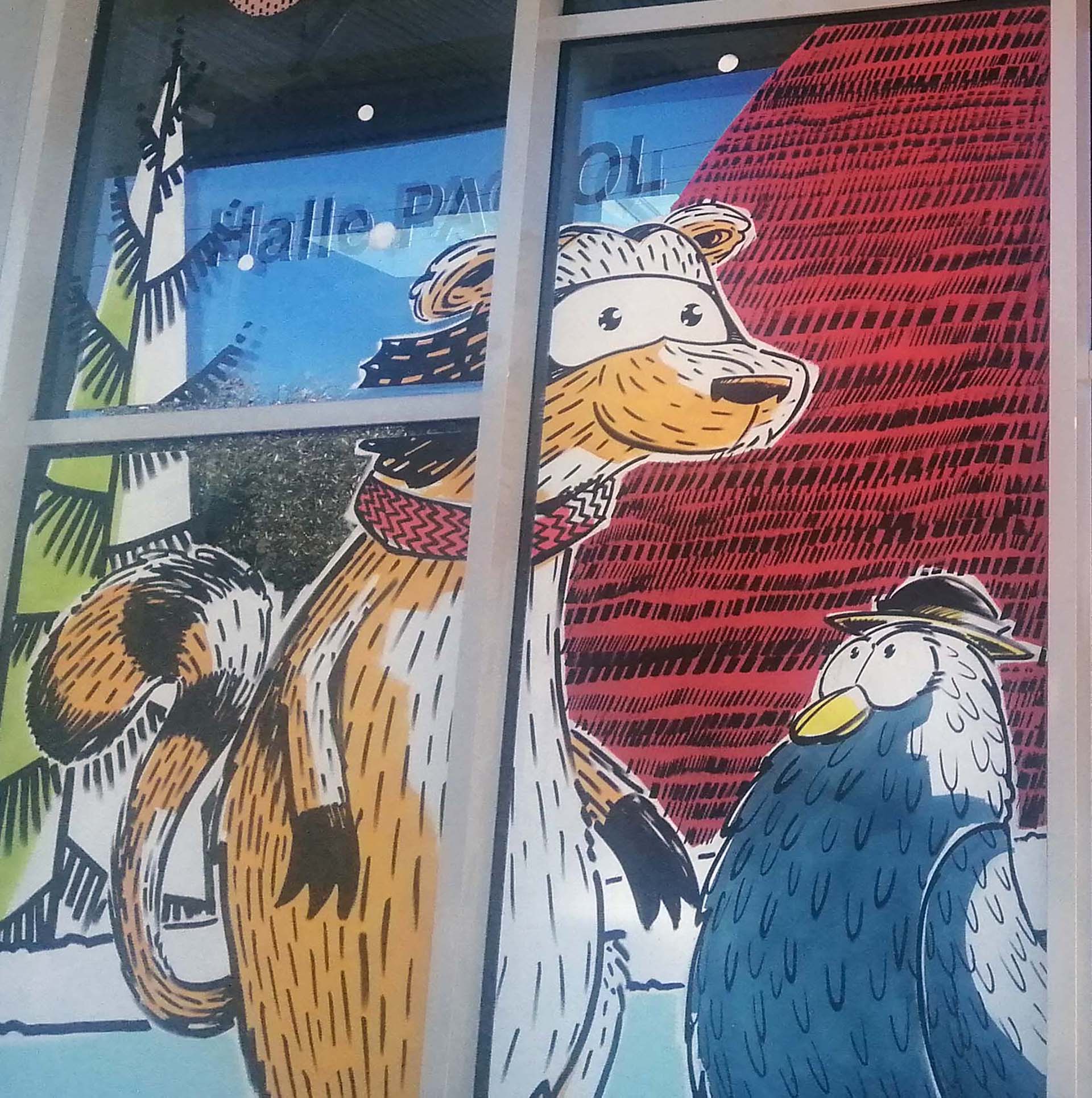 Décor de Noël peint sur la vitrine de la Halle Pagnol