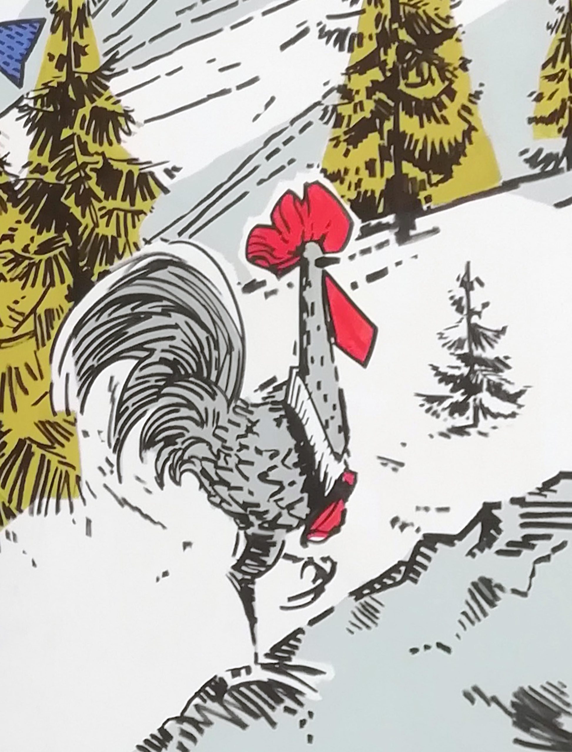 Peinture sur vitrine Atelier Coqlico par Jean‑Charles Varlet, fresque hivernale artisanale avec coq et paysage enneigé.