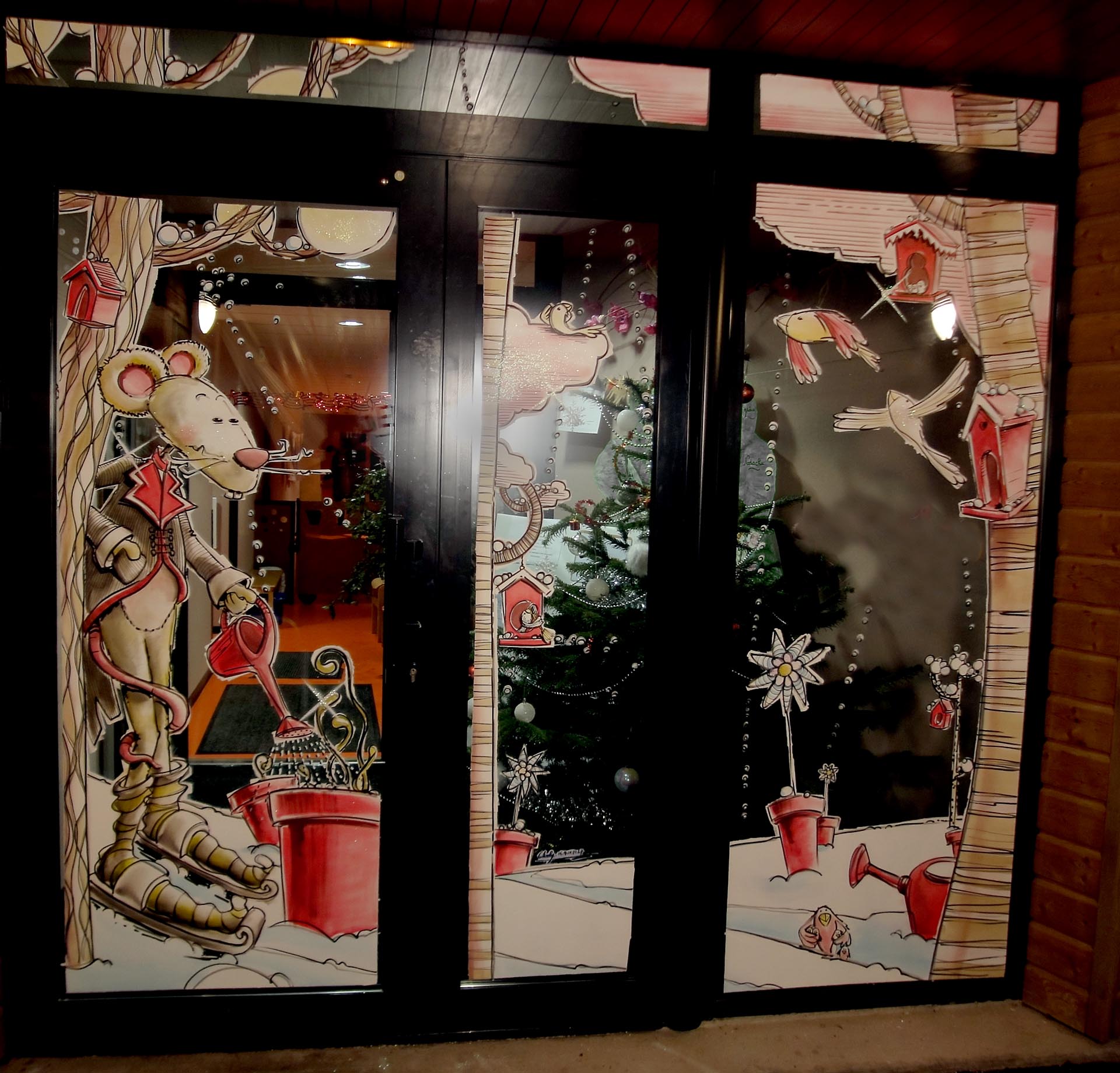 Peinture de Noël poétique pour la vitrine de la crèche Léa et Léo