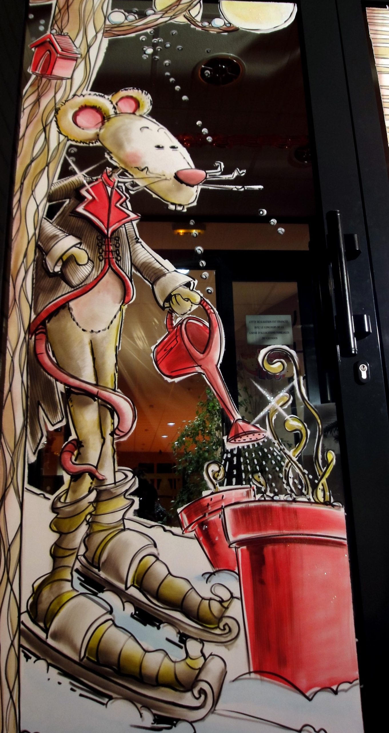 Peinture de Noël poétique pour la vitrine de la crèche Léa et Léo