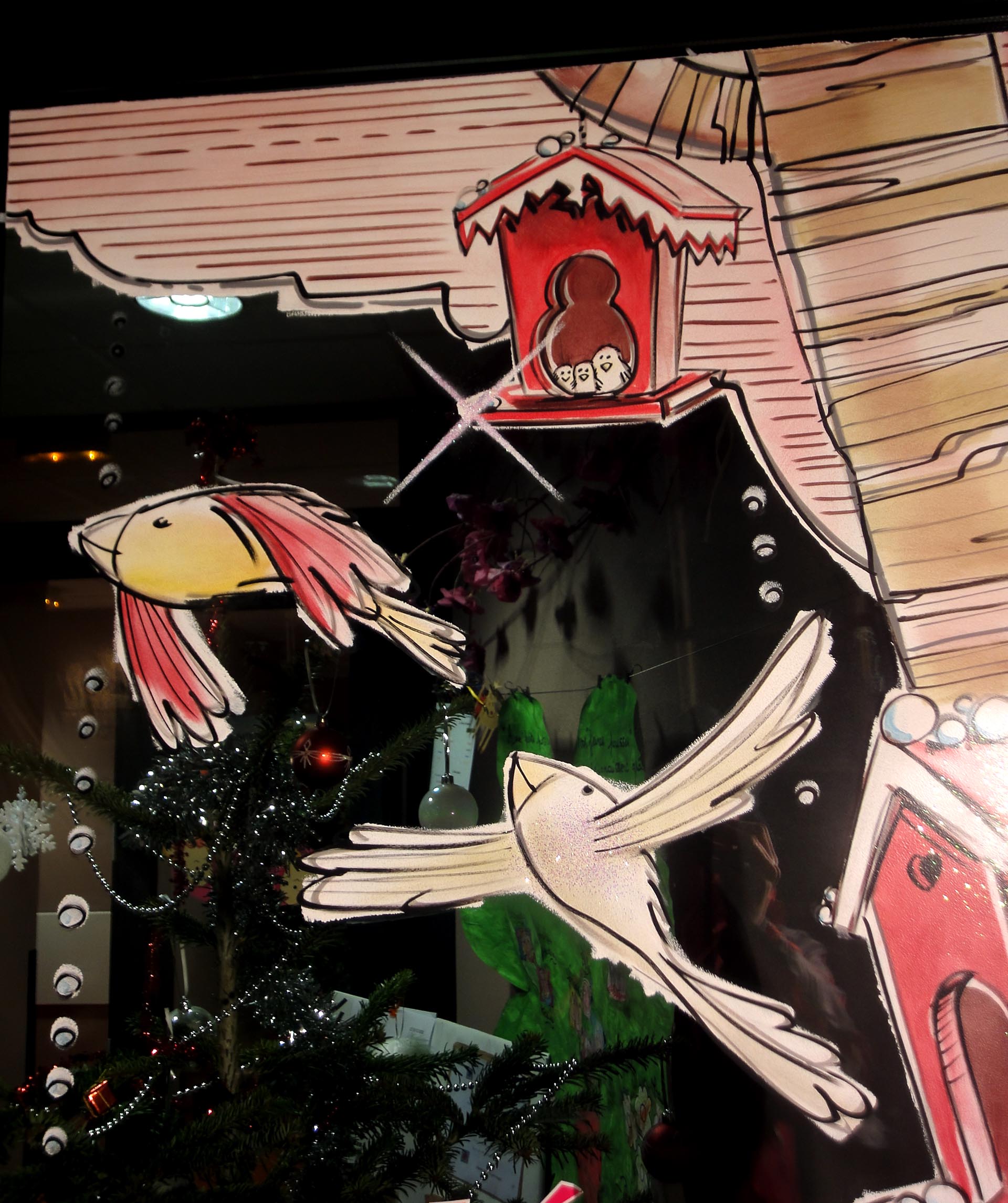 Peinture de Noël poétique pour la vitrine de la crèche Léa et Léo