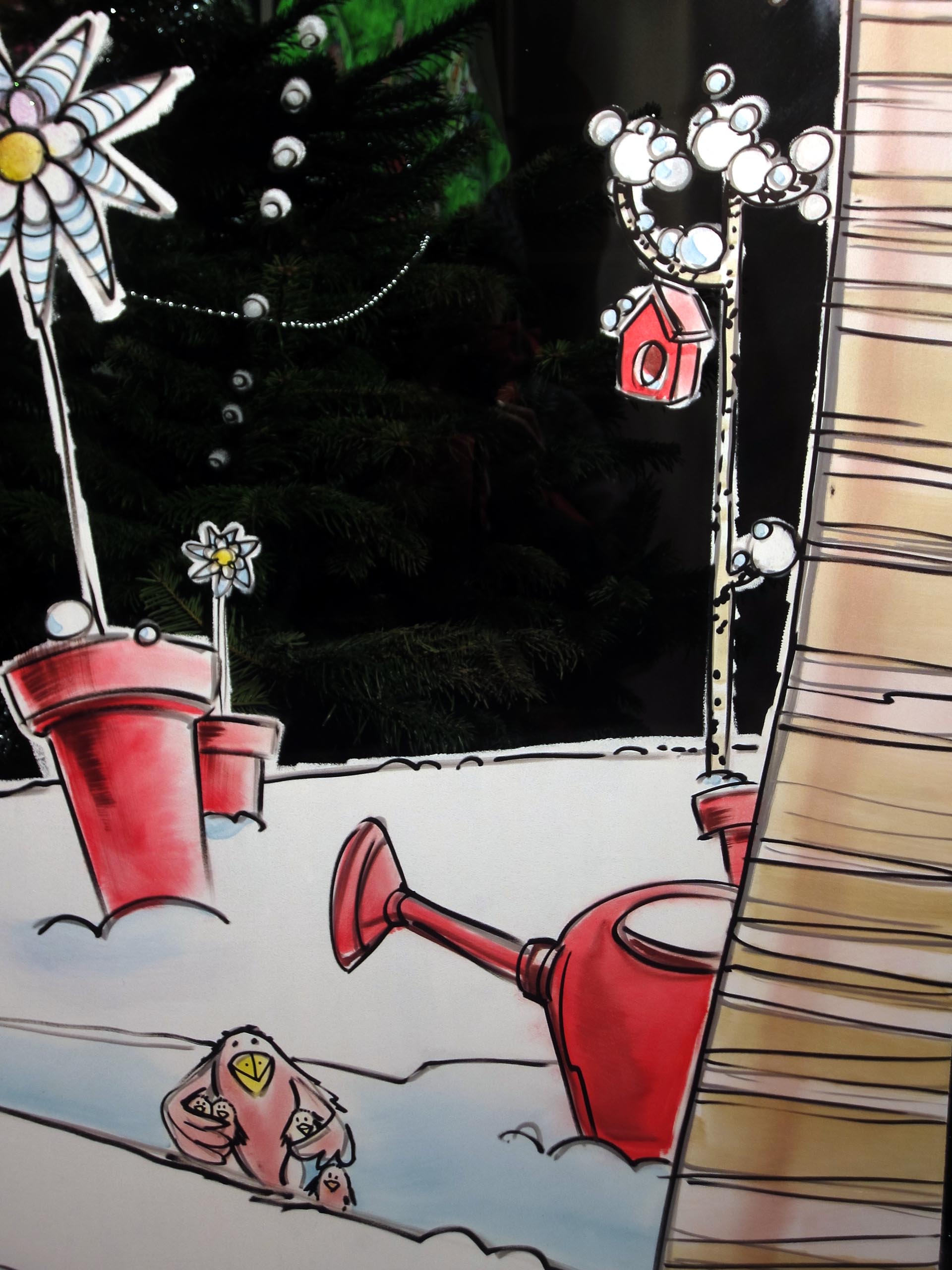 Peinture de Noël poétique pour la vitrine de la crèche Léa et Léo