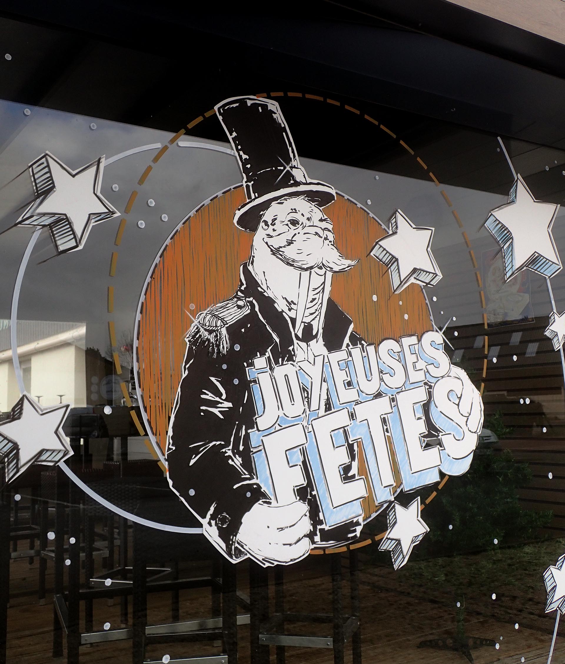 Décor de Noël hivernal peint pour La Cave à Huîtres à Caen