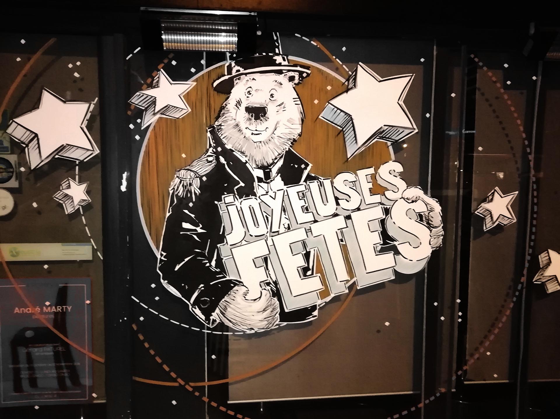 Décor de Noël hivernal peint pour La Cave à Huîtres à Caen