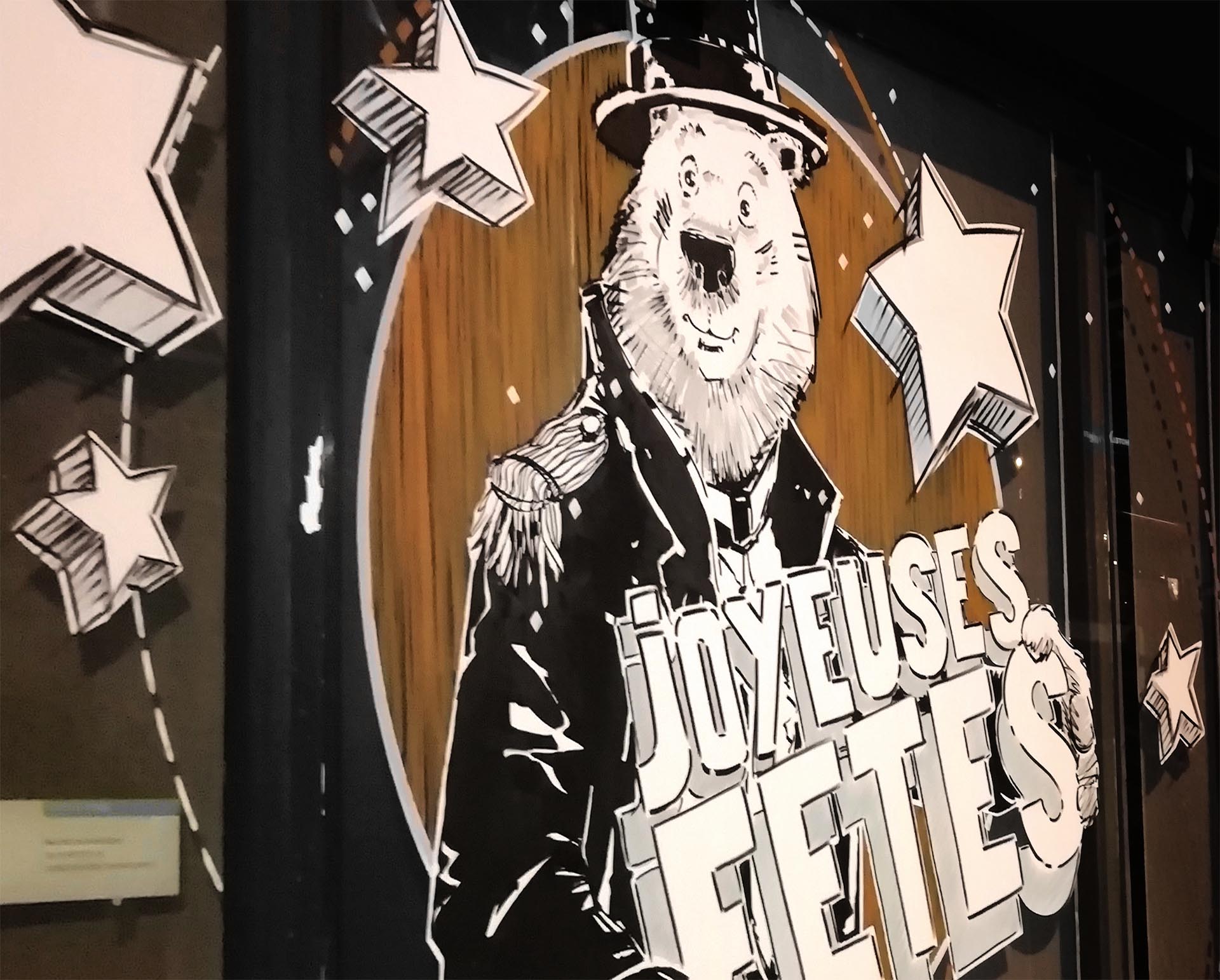 Décor de Noël hivernal peint pour La Cave à Huîtres à Caen