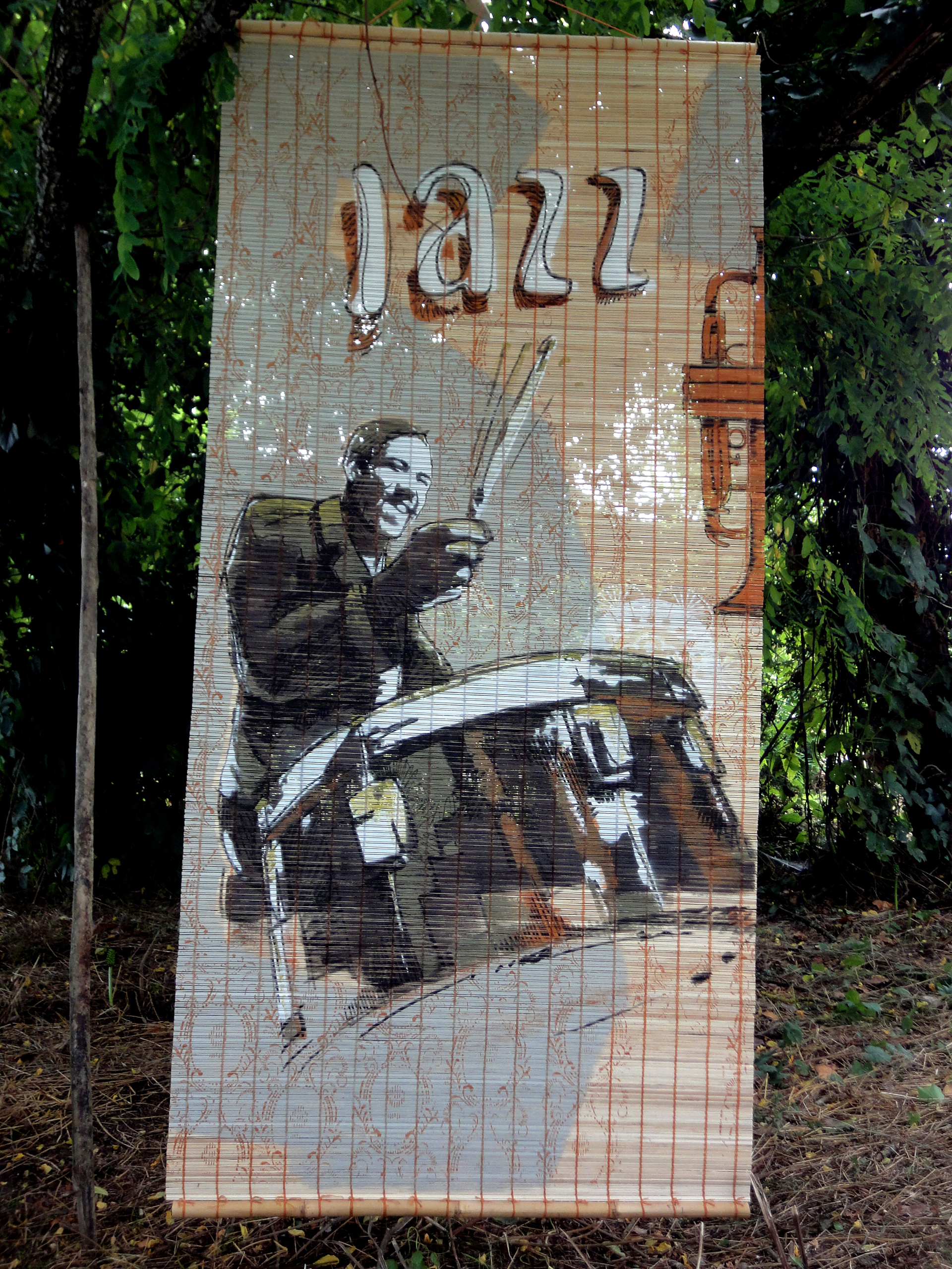Varlet Jean-Charles - Souillac Jazz Festival - peintures sur kakemonos - vitrines - fresques - décors - commerces - restaurants - café - concerts - scènes - terrasse