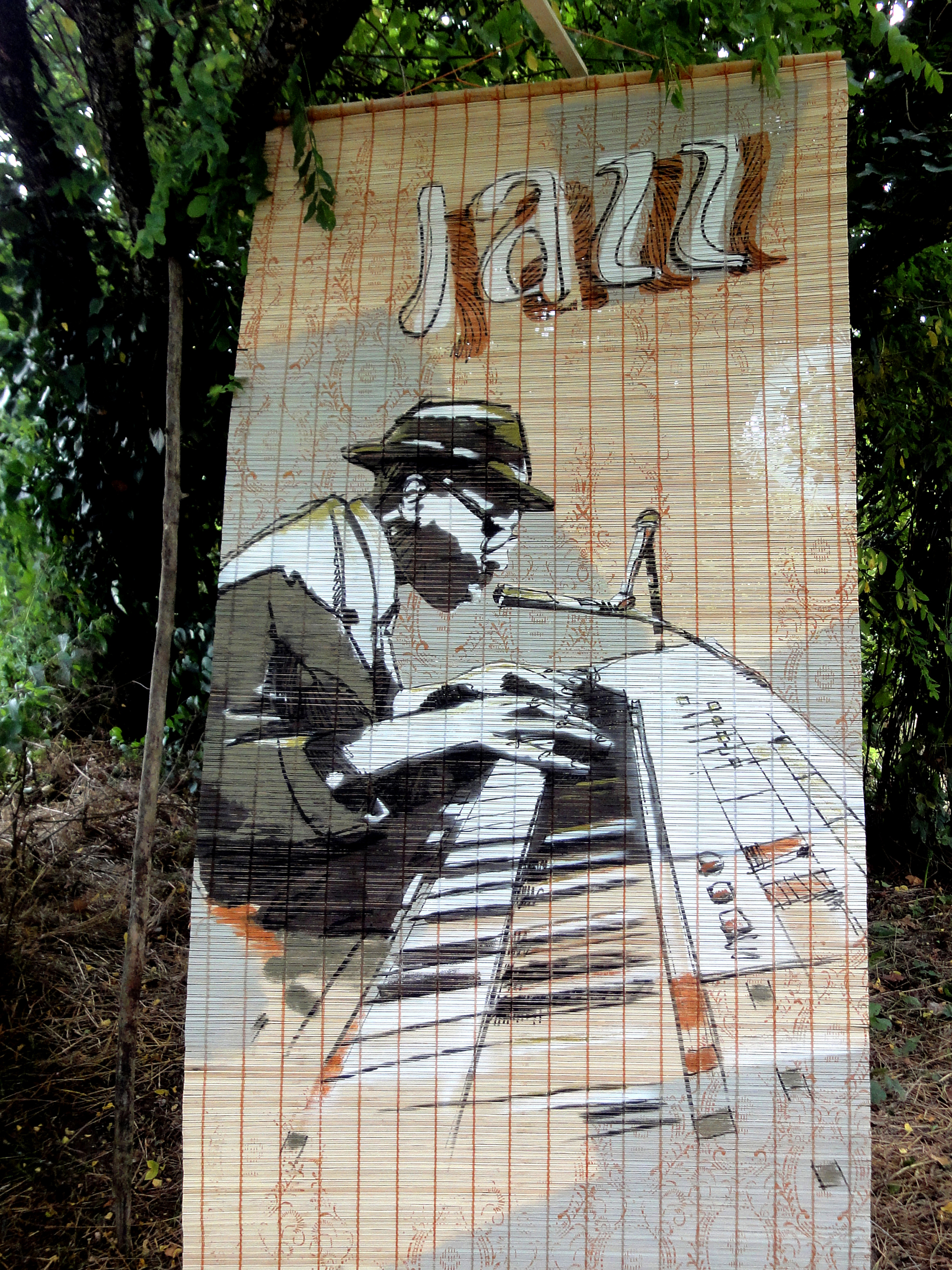 Varlet Jean-Charles - Souillac Jazz Festival - peintures sur kakemonos - vitrines - fresques - décors - commerces - restaurants - café - concerts - scènes - terrasse