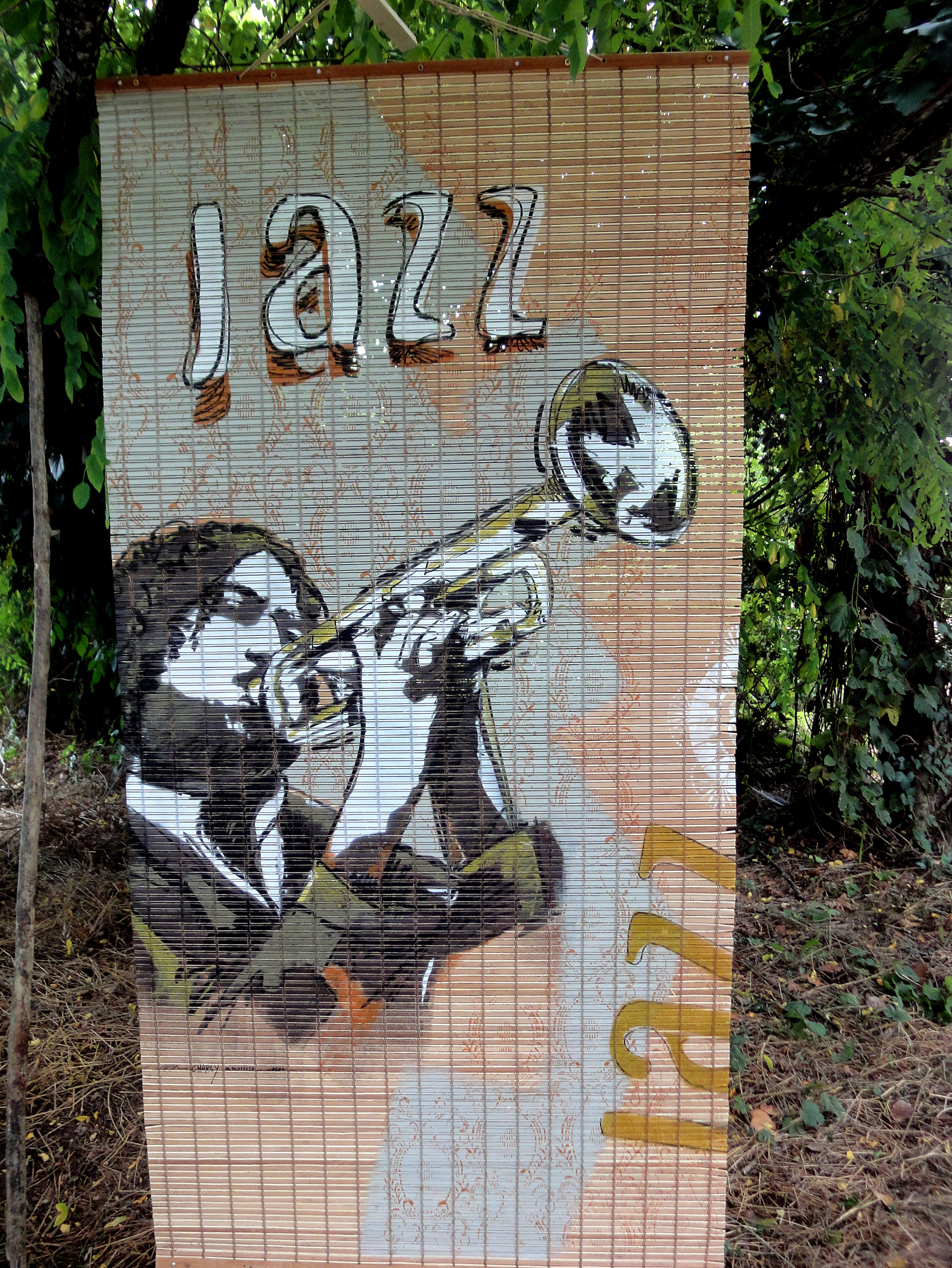 Varlet Jean-Charles - Souillac Jazz Festival - peintures sur kakemonos - vitrines - fresques - décors - commerces - restaurants - café - concerts - scènes - terrasse