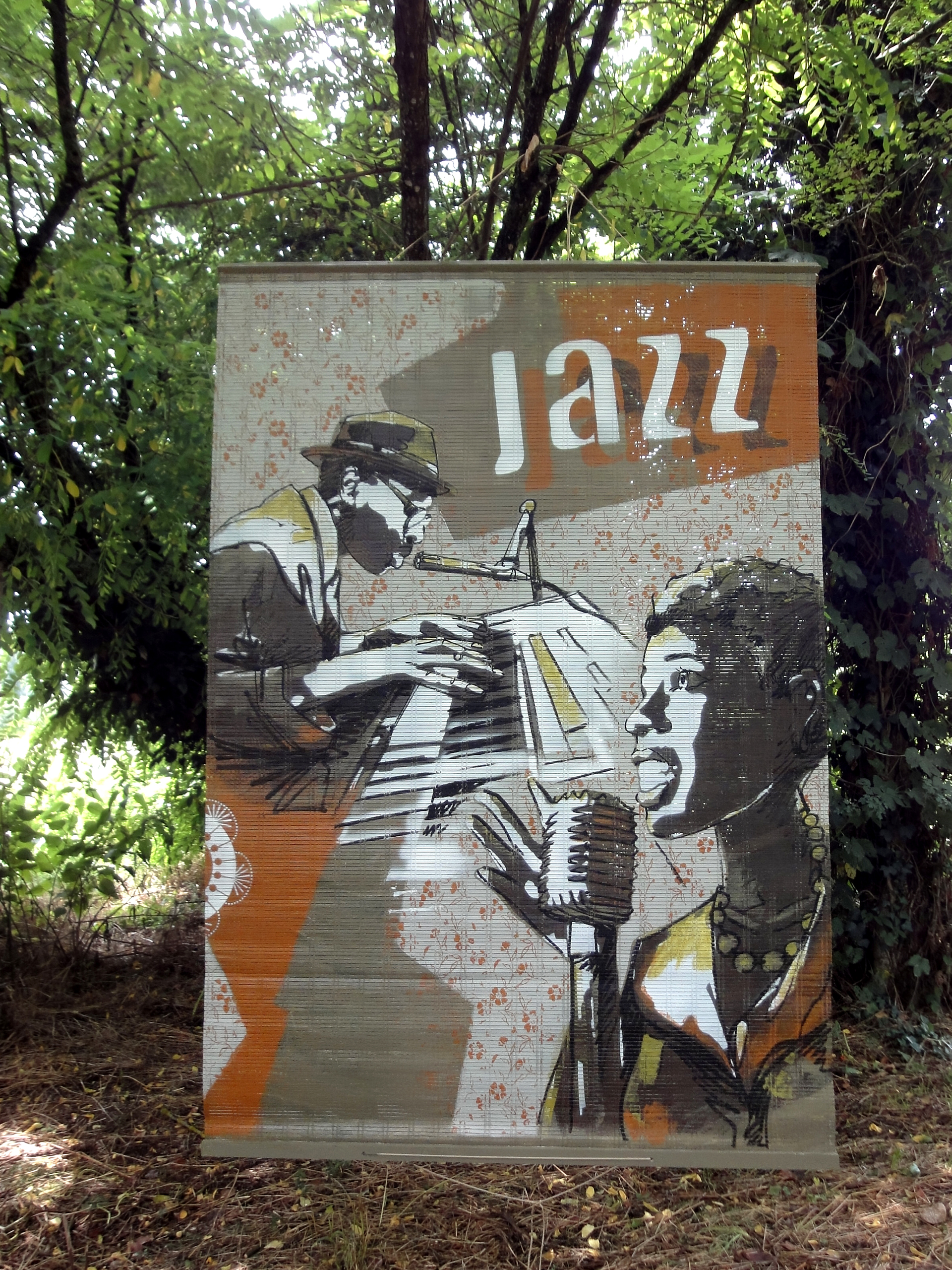 Varlet Jean-Charles - Souillac Jazz Festival - peintures sur kakemonos - vitrines - fresques - décors - commerces - restaurants - café - concerts - scènes - terrasse